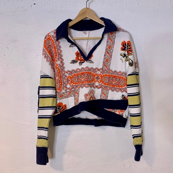 Free People FP Movement Cropped Floral Patterned Collared Sweatshirt - Picture 1 of 4